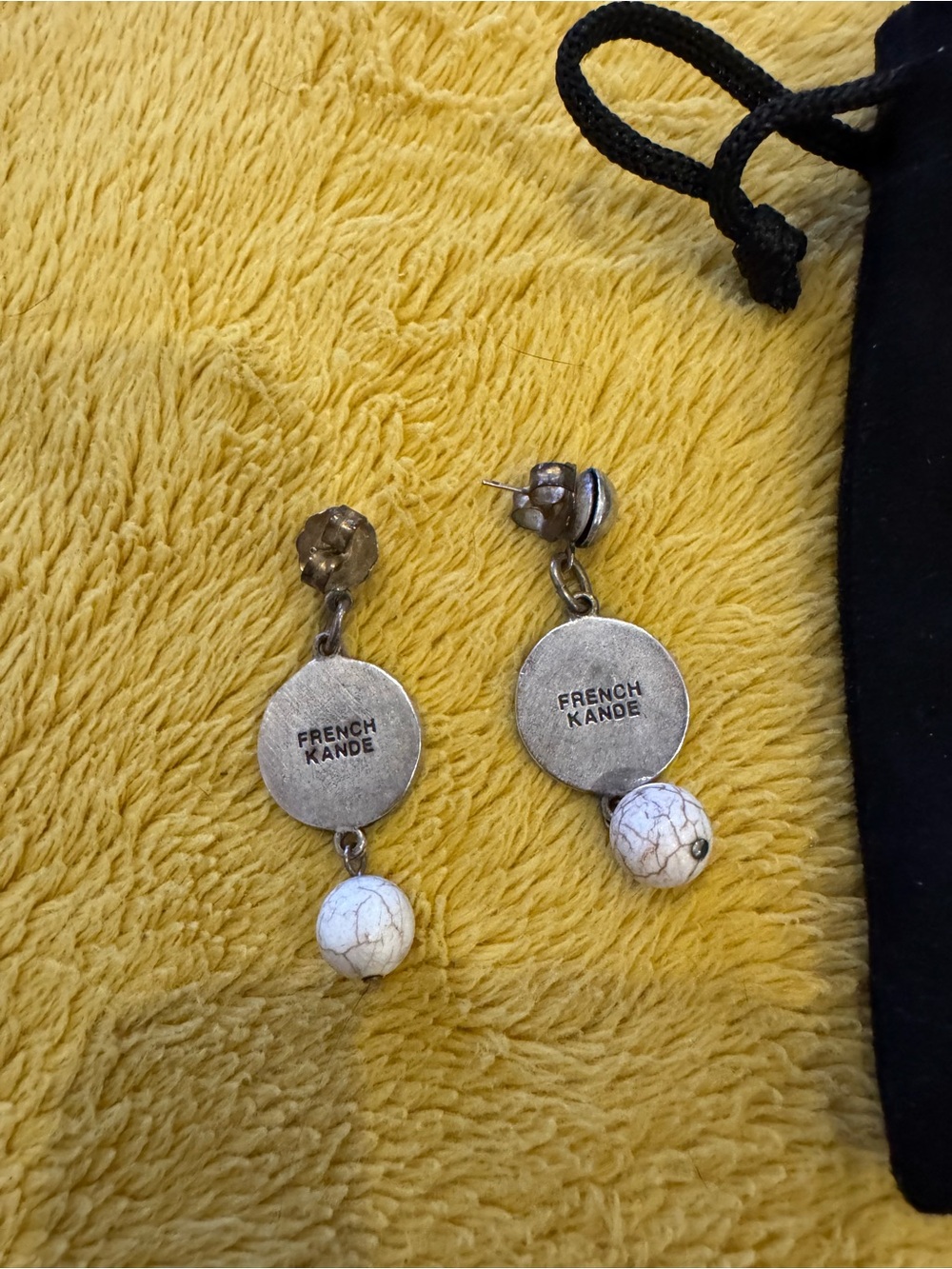 French Kande Silver Coin & White Turquoise Stone Drop Earrings - Picture 2 of 3